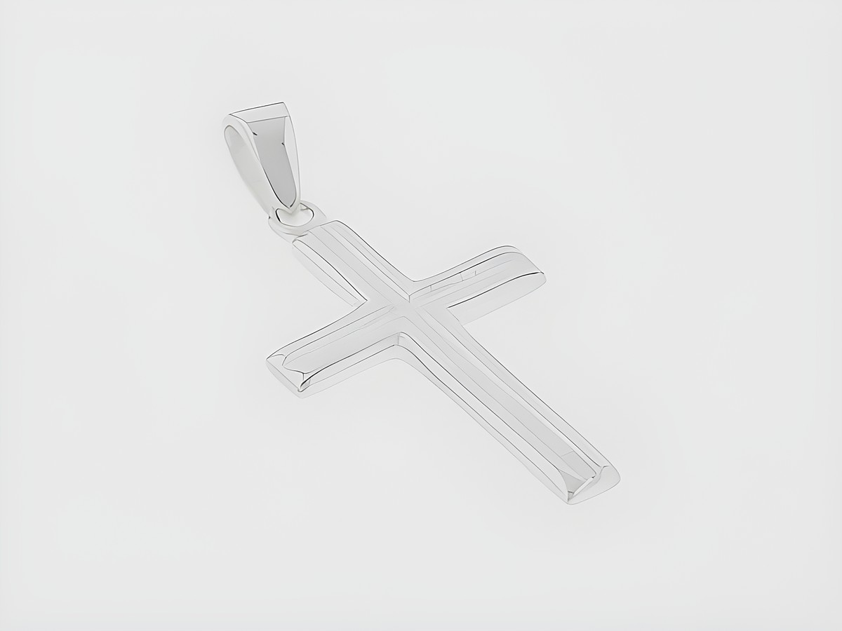 Silber Anhänger in Form eines schlichten Kreuzes, hergestellt von Juwelier Harnisch, auf weißem Hintergrund, minimalistisches Design.