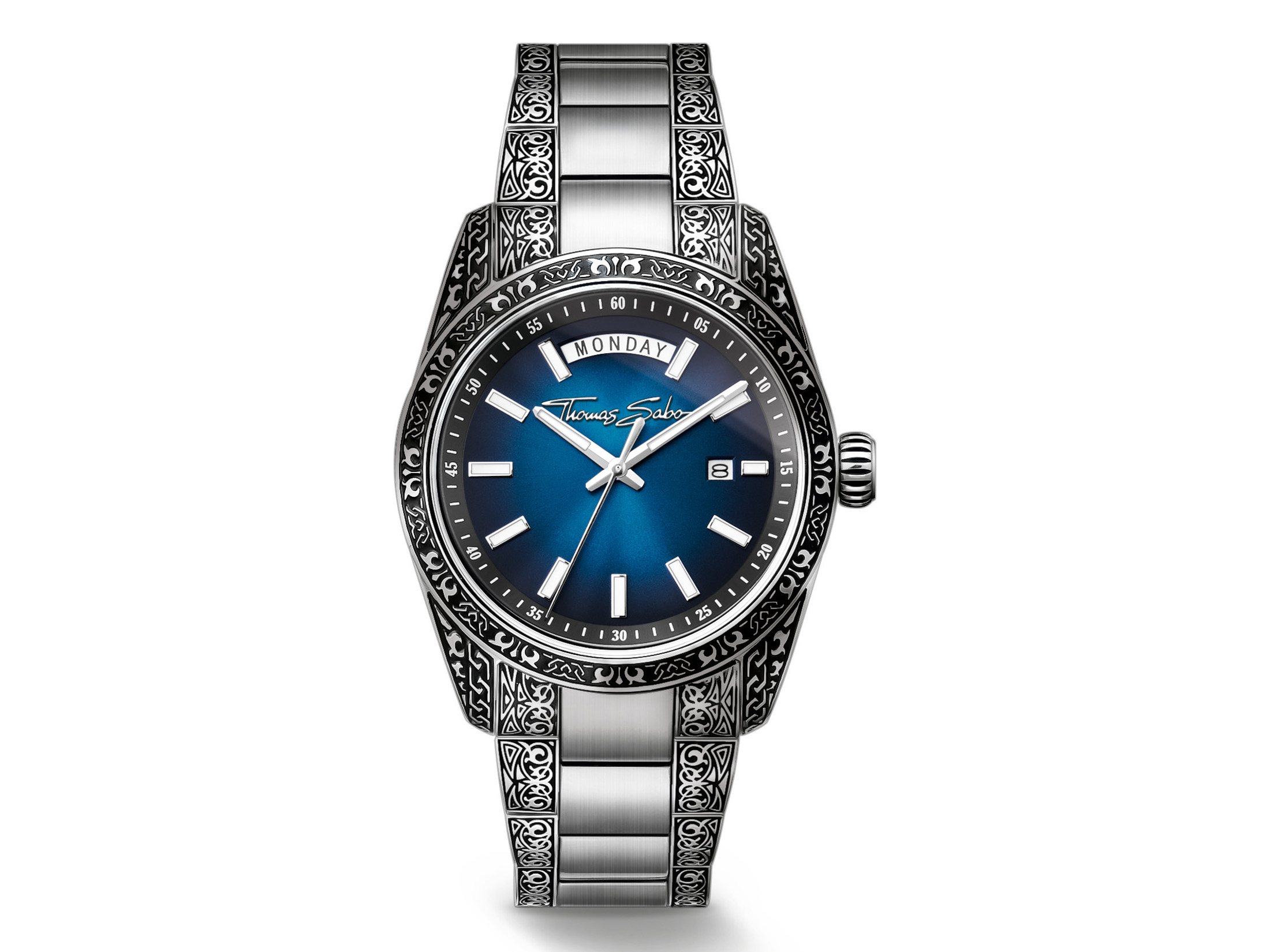 Thomas Sabo Uhr WA0439-201-209-40 mm aus der Rebel at Heart Revive Serie mit blauem Ziffernblatt und elegantem Metallarmband präsentiert zeitlose Eleganz und Stil.