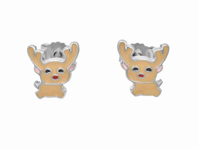 Ohrstecker in Form von Rentieren aus poliertem rhodiniertem Sterling Silber mit buntem Lack, geeignet für Kinder, hergestellt von Juwelier Harnisch.