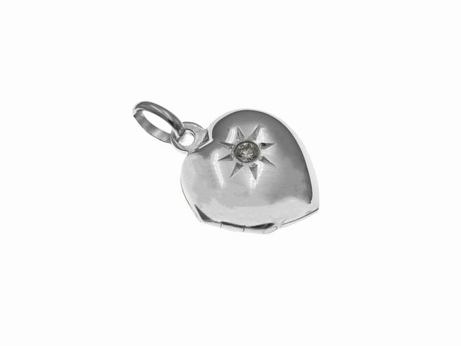 Herz poliertes kleines Medaillon aus Sterling Silber mit Zirkonia Stein, Hersteller Juwelier Harnisch, hat eine eingearbeitete Sonne auf der Vorderseite.