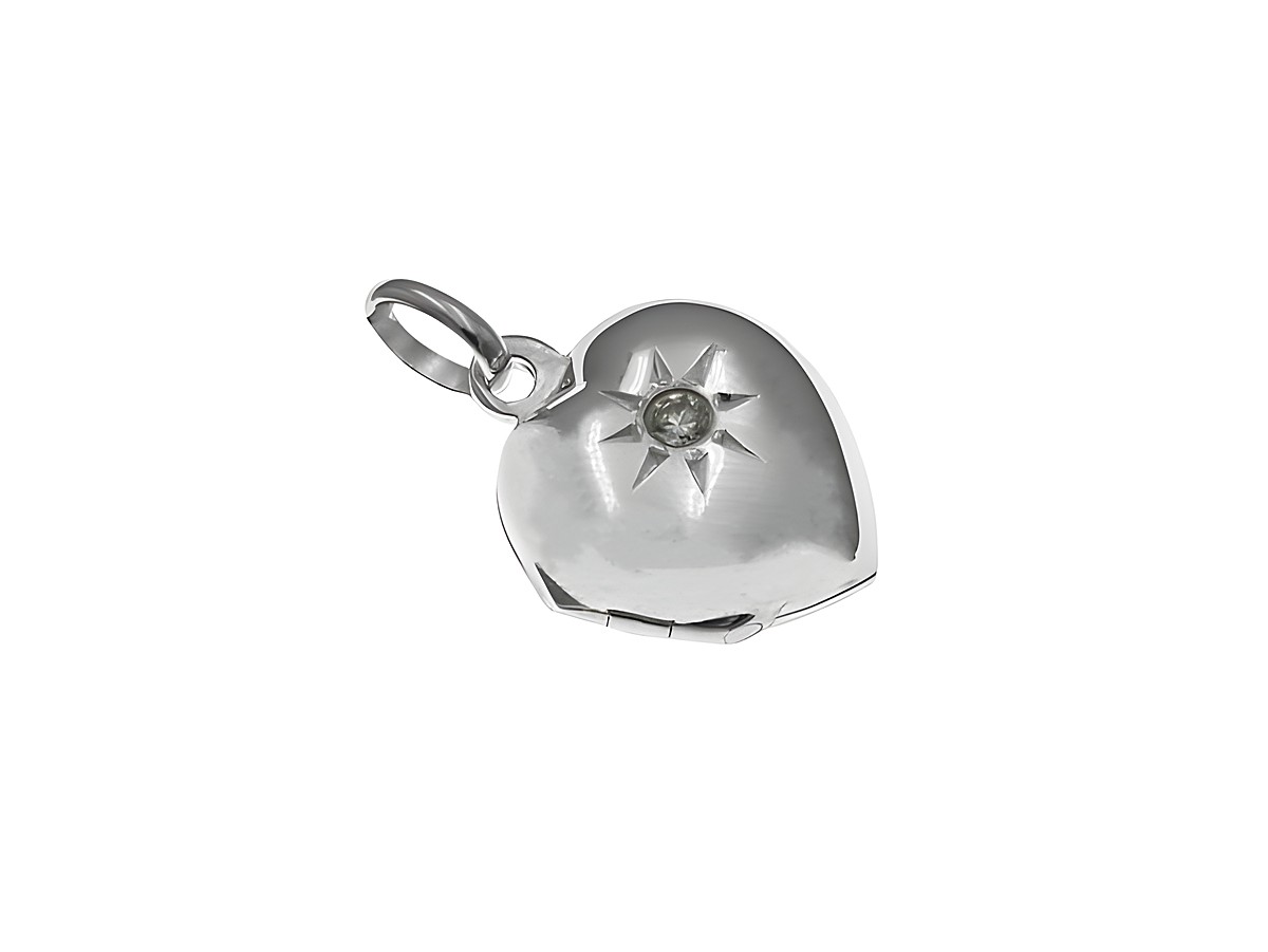 Herz poliertes kleines Medaillon aus Sterling Silber mit Zirkonia Stein, Hersteller Juwelier Harnisch, hat eine eingearbeitete Sonne auf der Vorderseite.
