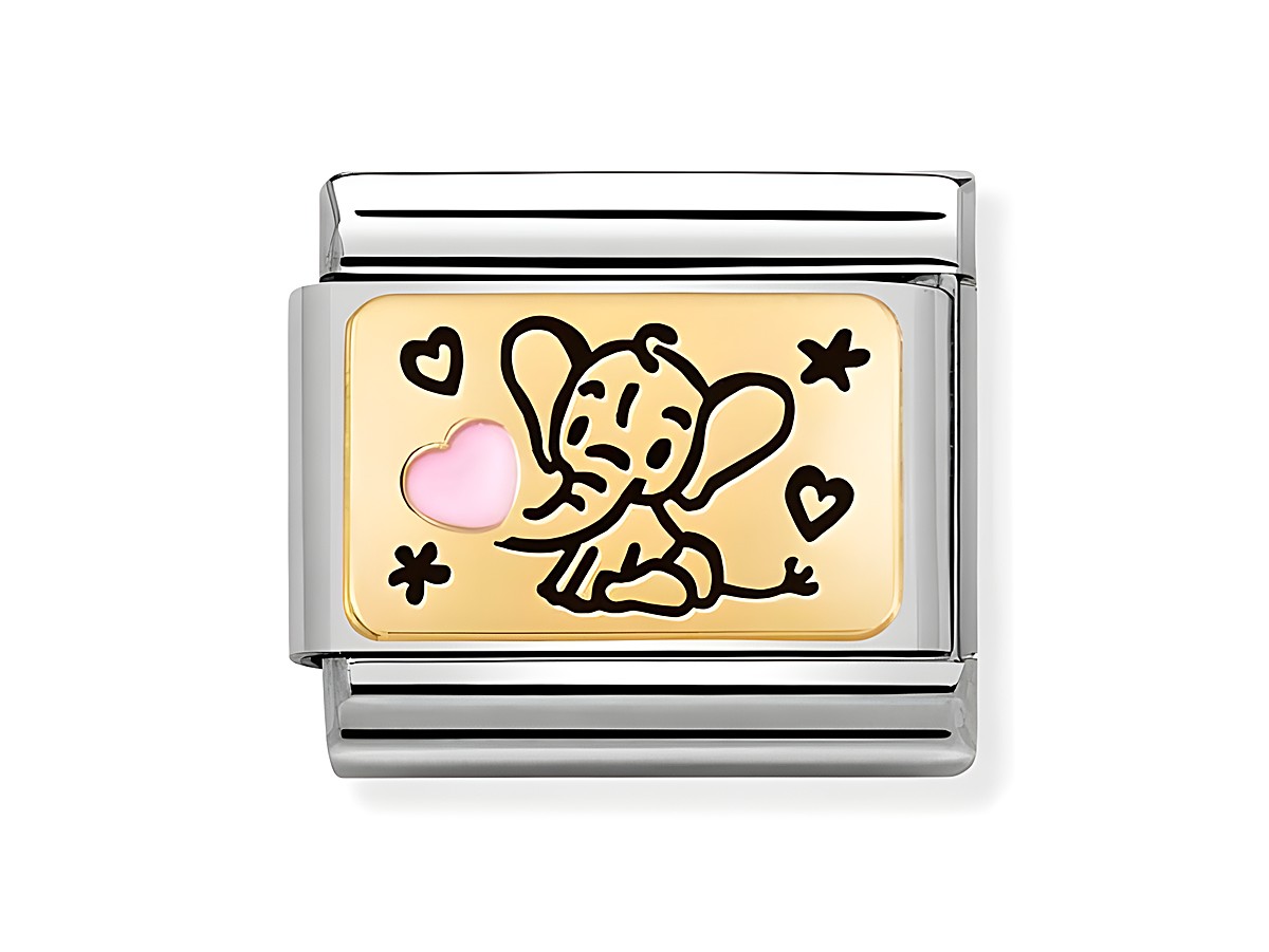Ein rosa Elefantenbaby mit großen Ohren sitzt auf einem goldenen Hintergrund, umgeben von Herzen und Sternen, gefertigt aus Edelstahl und Gold 750, emailliert.