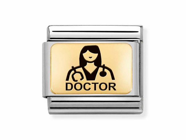 Charm aus Edelstahl und Gold mit emaillierter Darstellung einer Ärztin und dem Schriftzug Doctor, Modell von Nomination Classic Gold 030166 15.