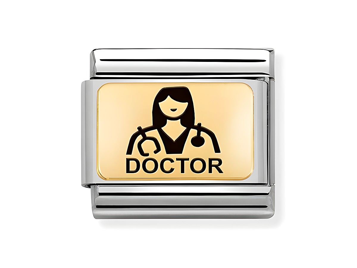 Charm aus Edelstahl und Gold mit emaillierter Darstellung einer Ärztin und dem Schriftzug Doctor, Modell von Nomination Classic Gold 030166 15.