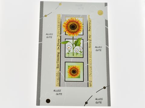 Geburtstagskarte mit einer Sonnenblume und mehreren bunten Illustrationen, verziert mit goldenen und silbernen Elementen sowie den Wünschen "Alles Gute" und "Zum Geburtstag". Hersteller: Juwelier Harnisch.