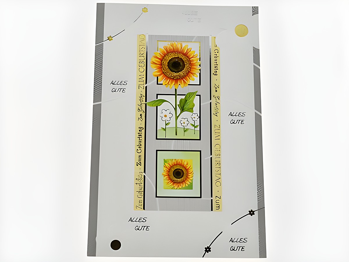 Geburtstagskarte mit einer Sonnenblume und mehreren bunten Illustrationen, verziert mit goldenen und silbernen Elementen sowie den Wünschen "Alles Gute" und "Zum Geburtstag". Hersteller: Juwelier Harnisch.