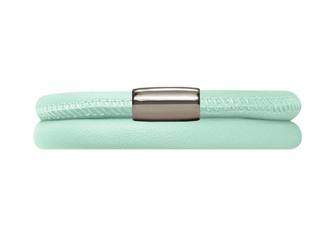 Endless Lederarmband in Mint, zweifach gewickelt mit Edelstahlverschluss in Silber, glänzende Oberfläche, stilvolles und modernes Design für jeden Anlass, Länge von 12115-38 cm.