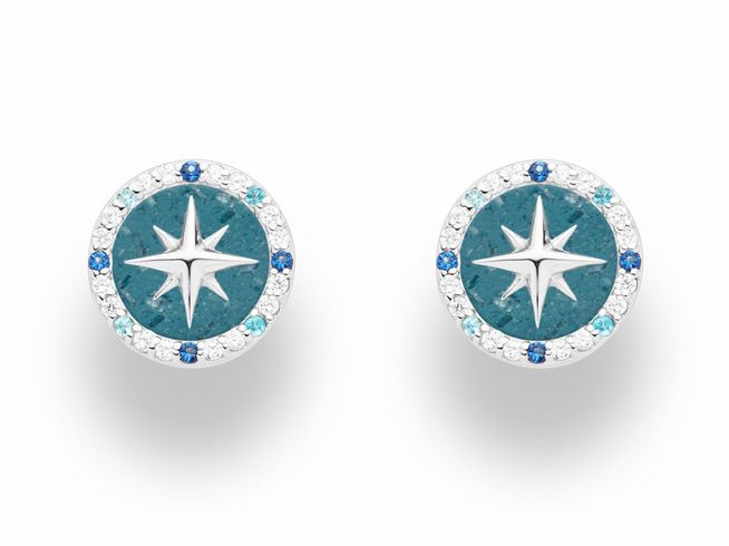 DUR Kompassrose 2.0 O5453 sind rhodinierte Sterling Silber Ohrringe mit blauem Steinsand und Zirkonia, die eine elegante Kompassrose in der Mitte zeigen, umrahmt von funkelnden Steinen.