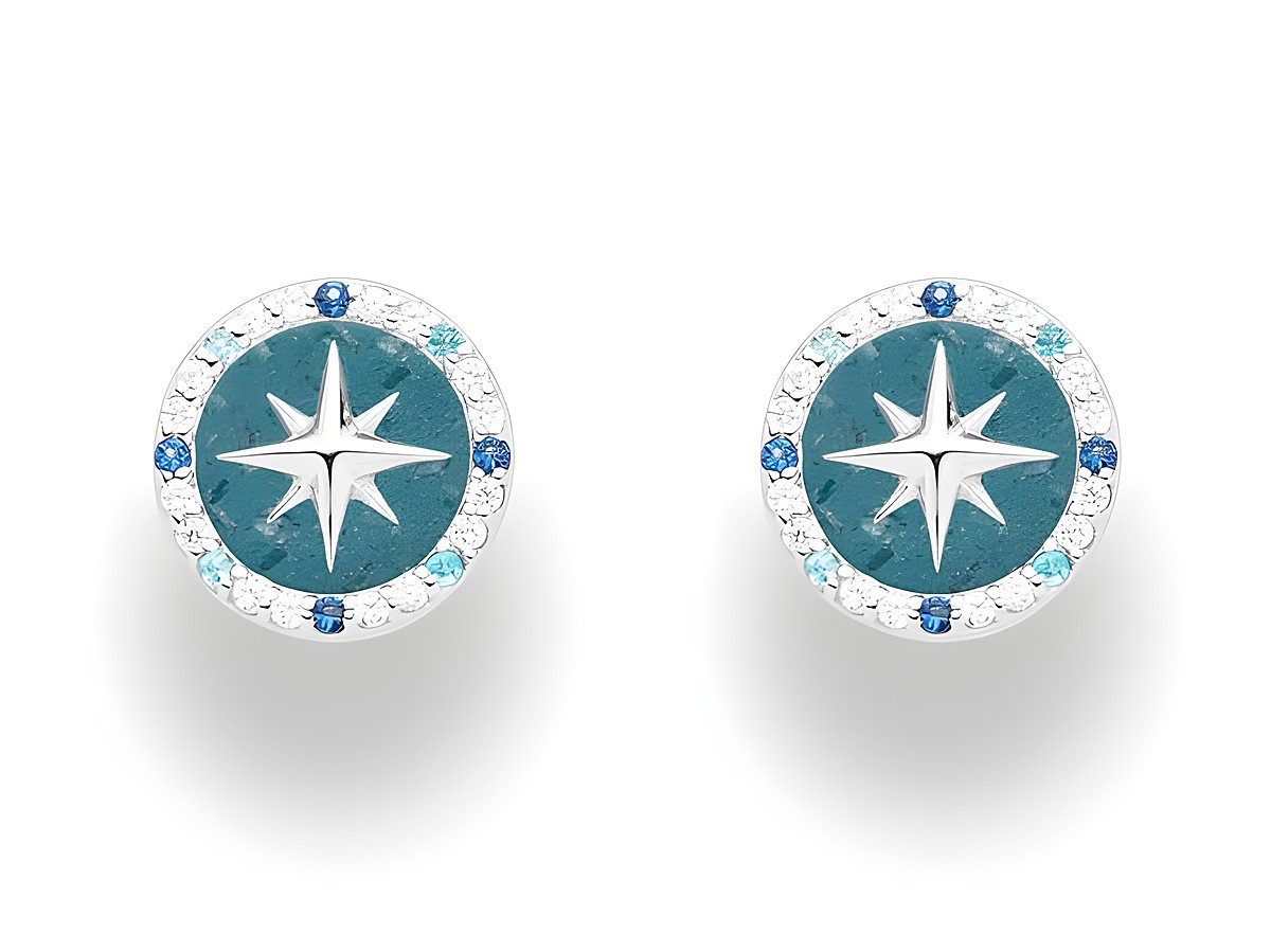DUR Kompassrose 2.0 O5453 sind rhodinierte Sterling Silber Ohrringe mit blauem Steinsand und Zirkonia, die eine elegante Kompassrose in der Mitte zeigen, umrahmt von funkelnden Steinen.