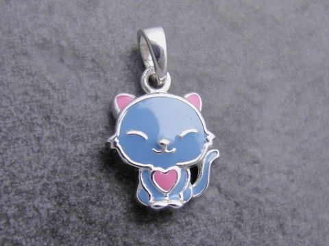 Silber Anhänger in Form eines niedlichen Kätzchens mit pink-himmelblauem Lack, Hersteller: Juwelier Harnisch, perfekt für Tierliebhaber und als liebevolles Geschenk.