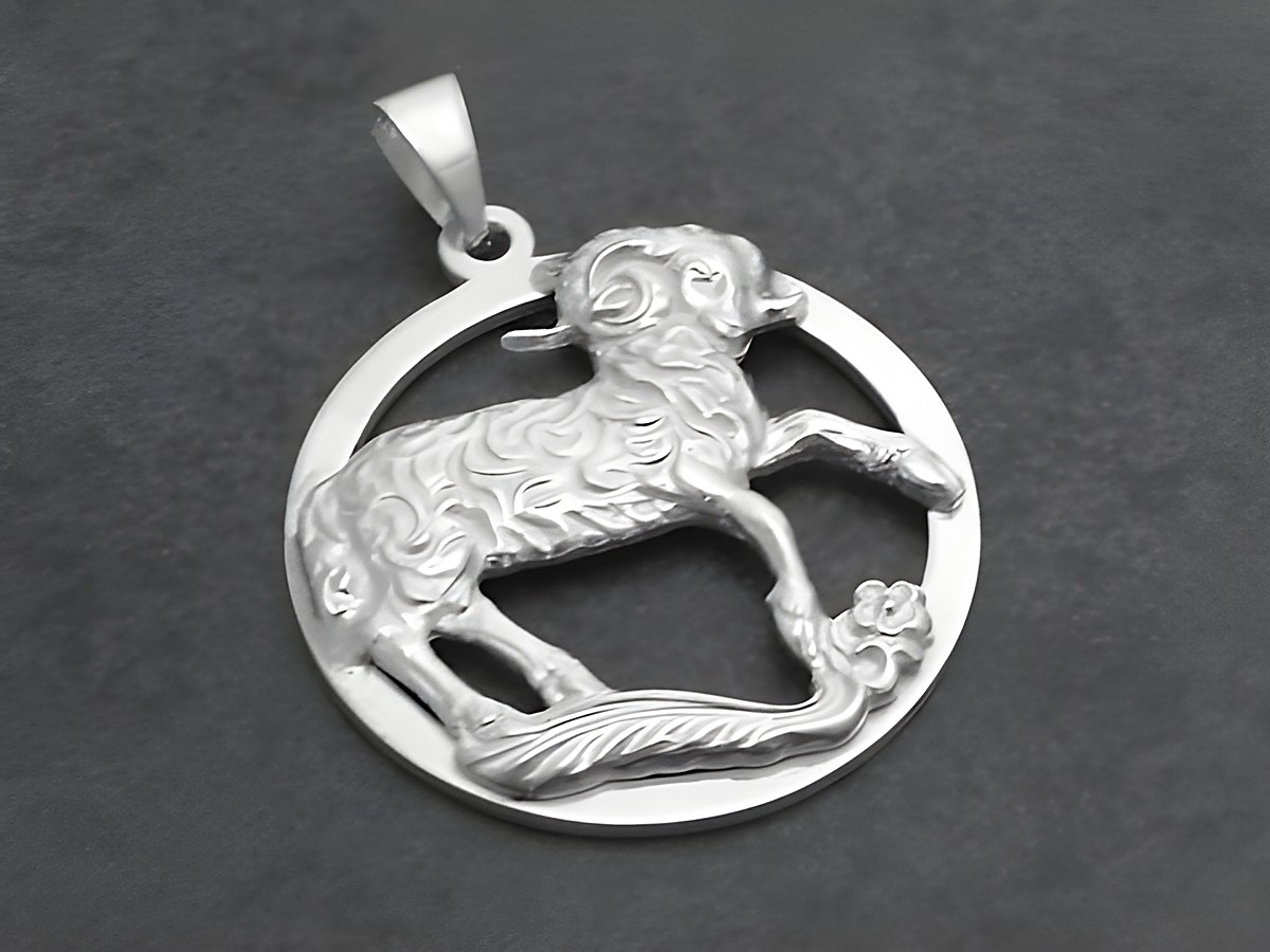Silber Anhänger Sternzeichen Wassermann plastisch, Hersteller Juwelier Harnisch, zeigt einen detailreichen Wassermann in einem runden Anhängerdesign.