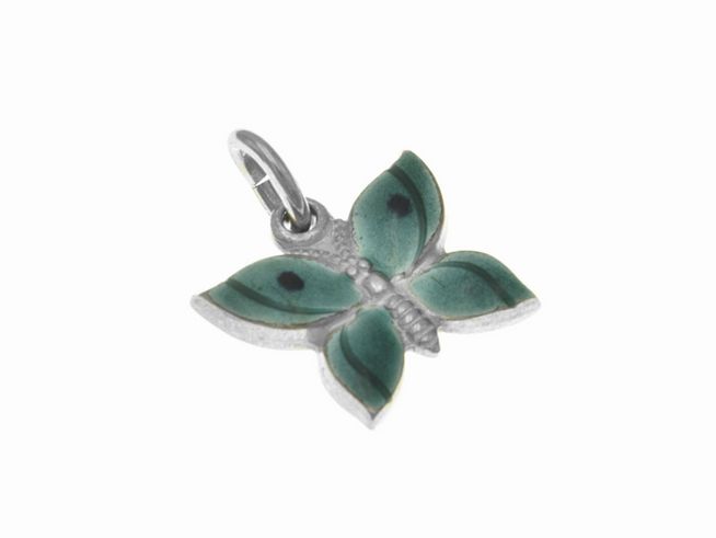 Anhänger Schmetterling aus Sterling Silber mit grüner Lackoberfläche, poliert und romantischem Design, ideal für Kinder, Hersteller Juwelier Harnisch.