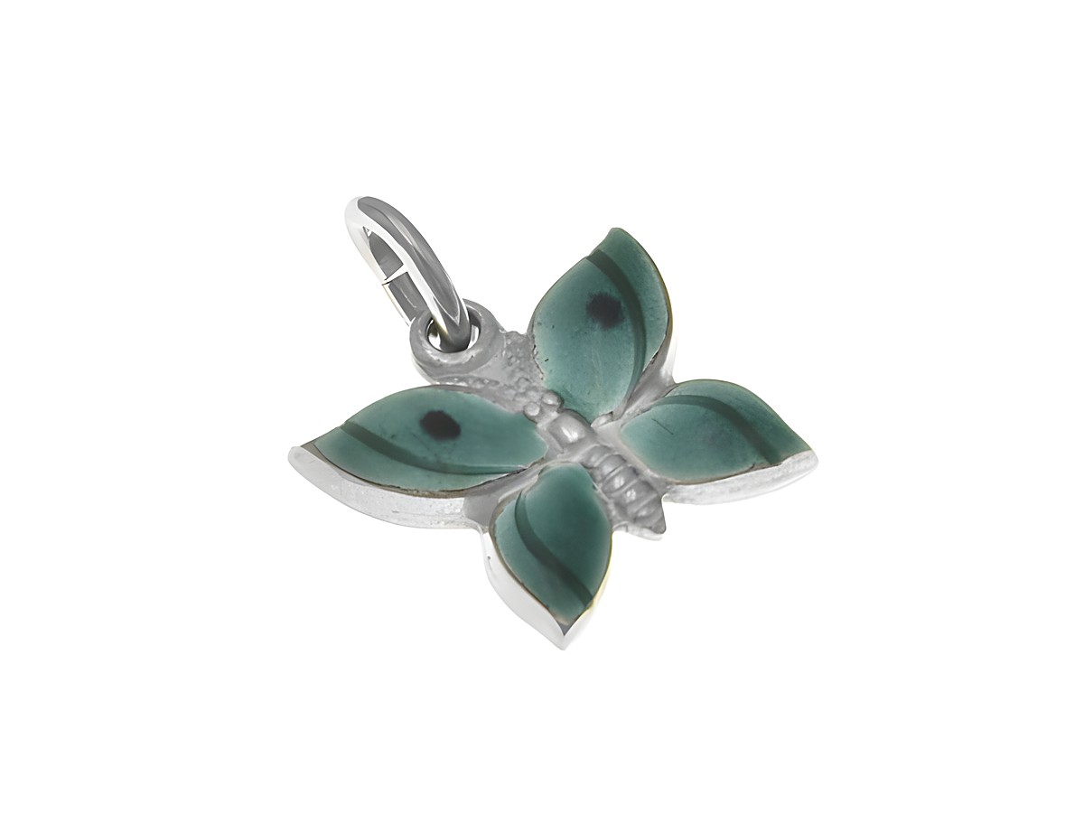 Anhänger Schmetterling aus Sterling Silber mit grüner Lackoberfläche, poliert und romantischem Design, ideal für Kinder, Hersteller Juwelier Harnisch.
