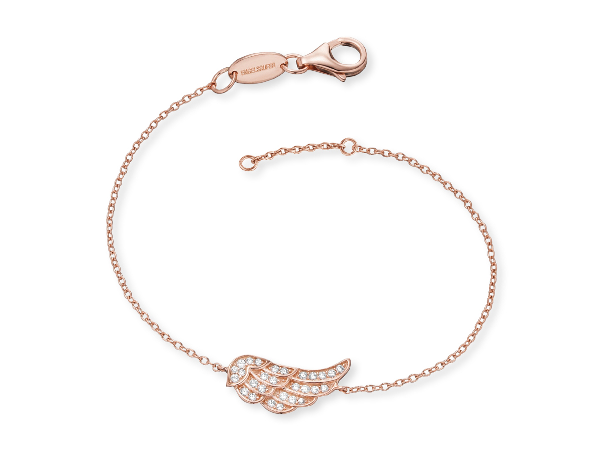 Ein zartes Armband aus roségoldvergoldetem Silber mit einem filigranen Flügelanhänger, der mit funkelnden Zirkonia besetzt ist. Das Armband hat eine Länge von 17 cm.