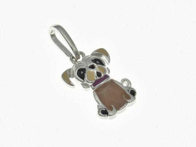 Hund Hündchen Anhänger aus rhodiniertem Sterling Silber mit bunten Emaille-Details, geeignet für Kinder, Hersteller Juwelier Harnisch.
