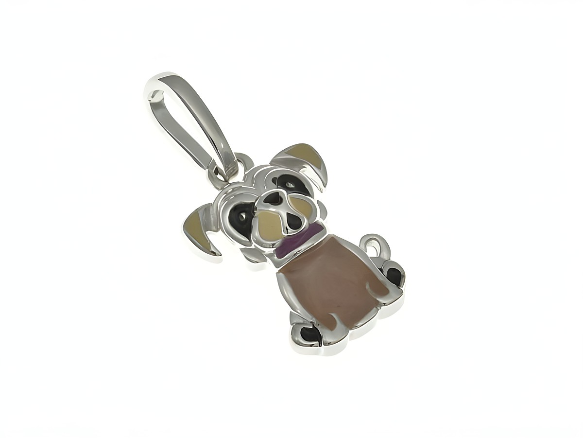 Hund Hündchen Anhänger aus rhodiniertem Sterling Silber mit bunten Emaille-Details, geeignet für Kinder, Hersteller Juwelier Harnisch.