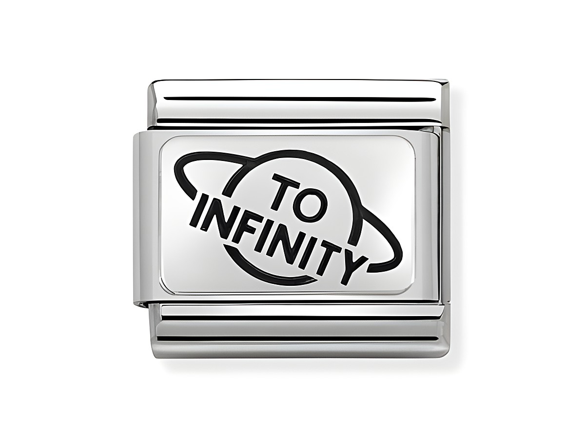 Edelstahlplakette mit der Gravur TO INFINITY, umgeben von einem kreisförmigen Design. Die Oberfläche ist oxidiert und die Farbgebung ist Silber, ideal für den Nomination Schmuck.