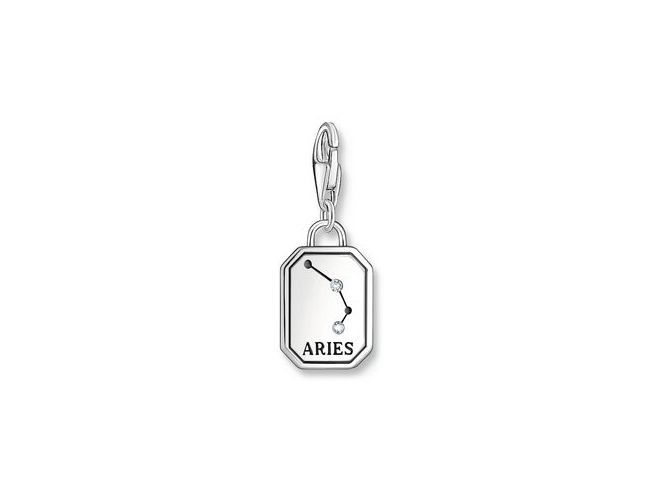 Charm-Anhänger von Thomas Sabo mit dem Sternzeichen Widder aus geschwärztem Silber und Zirkonia, zeigt die Widder-Konstellation und einen karabinerverschluss. Ideal für Astrologie-Liebhaber.