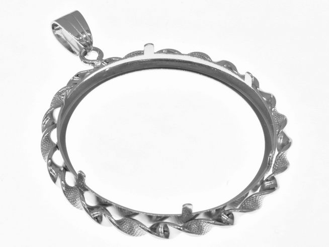 Münzfassung Anhänger aus 925 Sterling Silber rhodiniert für bis zu 4,0 cm Münzen, mit einem durchbrochenen Kordeldesign und einem praktischen Aufhängering.