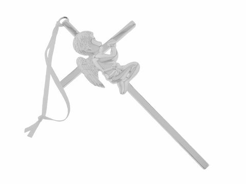 Wandkreuz aus versilbertem Metall mit einem betenden Jungen mit Flügeln, Maße 15x7,5 cm, Hersteller Juwelier Harnisch, dekoratives Element für christliche Anlässe.