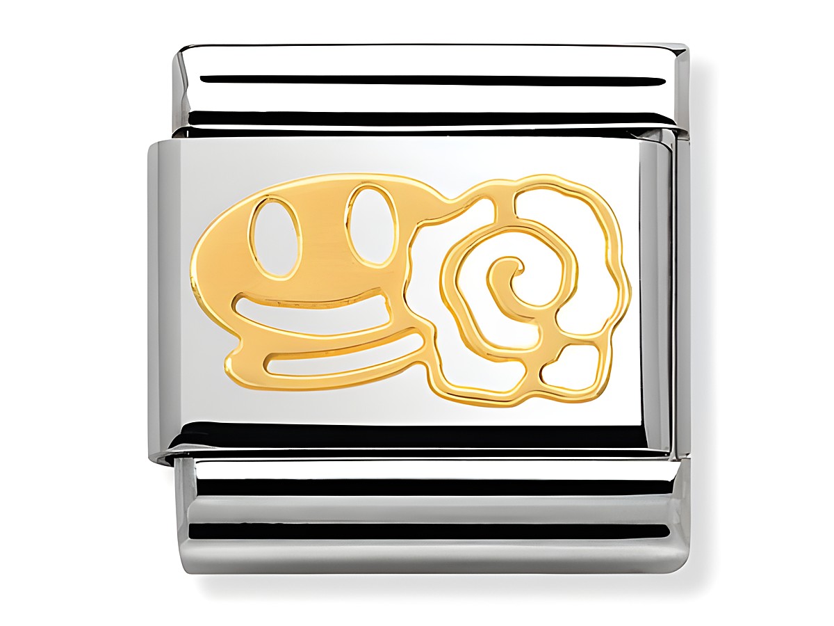 Bicolor Edelstahl Charm von Nomination mit Lachgesicht und Rose, fröhliches Design in gold und Silber, ideal für individuelle Schmuckstücke.