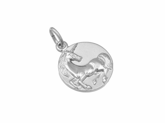 Silber Anhänger Einhorn verspielt teilmattiert rhodiniert von Juwelier Harnisch, zeigt ein kunstvoll gestaltetes Einhorn auf einem runden Medaillon, ideal für tierfreundliche Schmuckliebhaber.