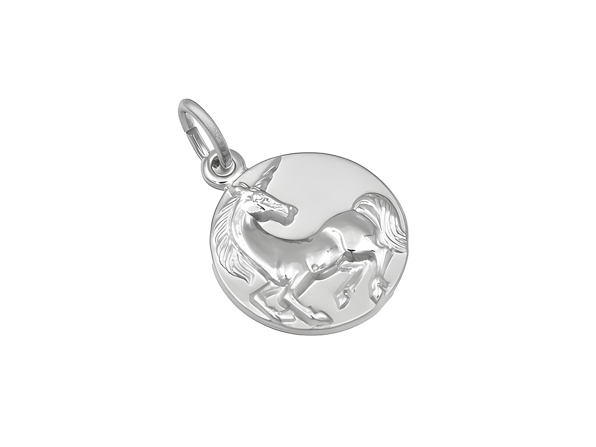 Silber Anhänger Einhorn verspielt teilmattiert rhodiniert von Juwelier Harnisch, zeigt ein kunstvoll gestaltetes Einhorn auf einem runden Medaillon, ideal für tierfreundliche Schmuckliebhaber.