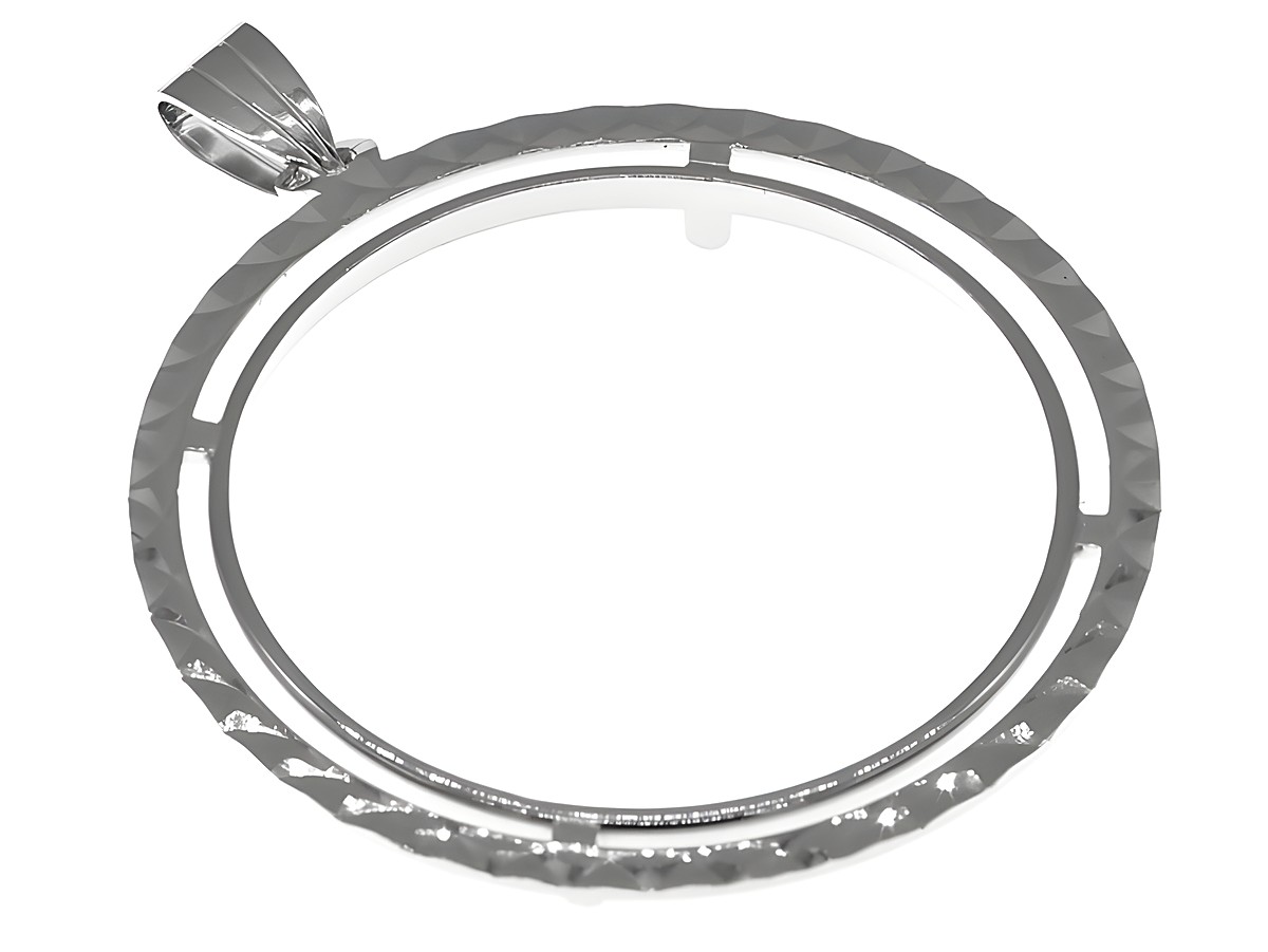 Münzfassung Anhänger aus 925 Sterling Silber, rhodiniert, mit diamantierter Oberfläche für Münzen bis 34 mm Durchmesser, Hersteller Juwelier Harnisch, geeignet für bis zu 3,5 cm große Münzen.