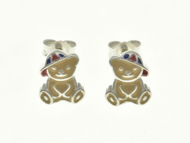 Teddy Teddybär Ohrstecker aus rhodiniertem Sterling Silber mit buntem Hut, hergestellt von Juwelier Harnisch, für Kinder geeignet.