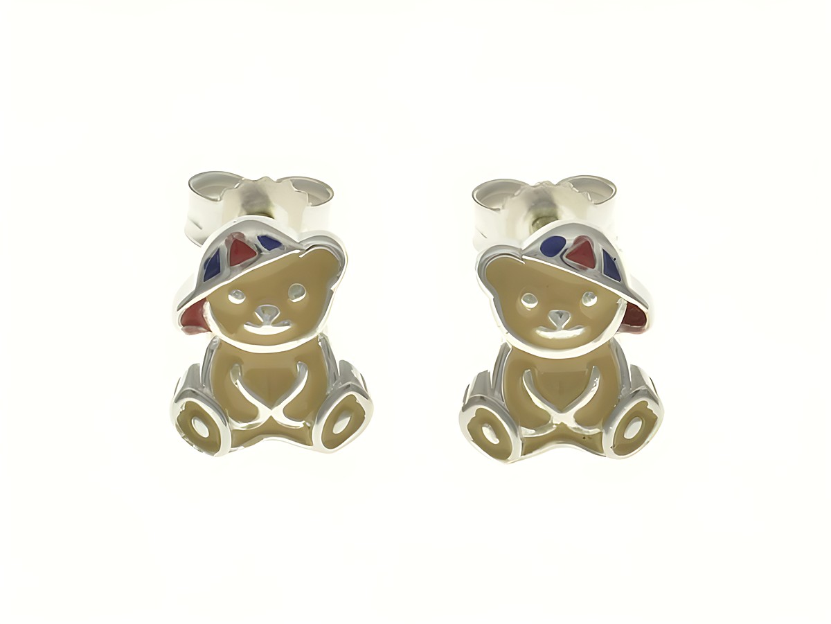 Teddy Teddybär Ohrstecker aus rhodiniertem Sterling Silber mit buntem Hut, hergestellt von Juwelier Harnisch, für Kinder geeignet.