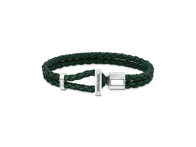 Silbernes Thomas Sabo Armband aus grünem geflochtenem Leder mit eleganter Schließe, 21 cm lang, ideal für stilbewusste Träger.