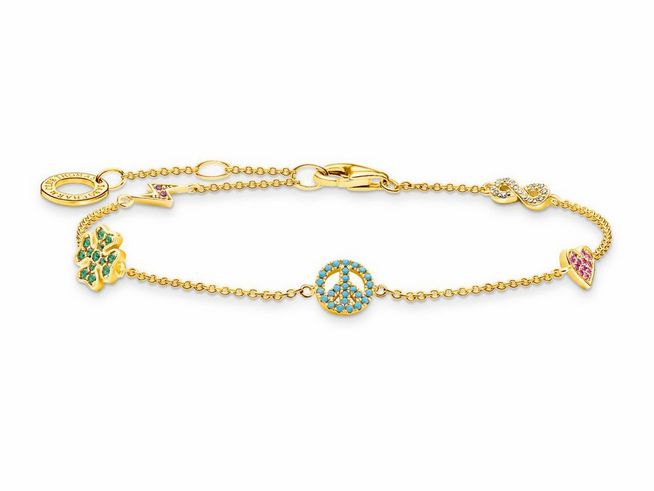 Thomas Sabo Armband A2039-488-7-L19V aus vergoldetem Sterling Silber mit Glas-Keramik Stein, synthetischem Korund und Zirkon, verziert mit bunten Anhängern wie Frieden, Herz und Unendlichkeit.