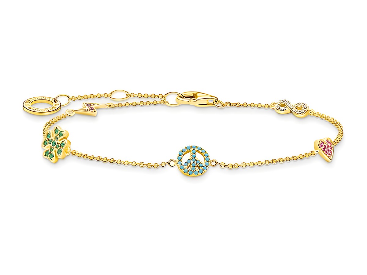 Thomas Sabo Armband A2039-488-7-L19V aus vergoldetem Sterling Silber mit Glas-Keramik Stein, synthetischem Korund und Zirkon, verziert mit bunten Anhängern wie Frieden, Herz und Unendlichkeit.