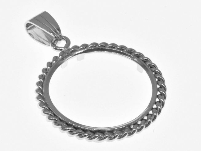 Münzfassung Anhänger aus rhodiniertem 925 Sterling Silber mit Kordel-Design für Münzen bis 23 mm Durchmesser, geeignet für bis zu 2,5 cm große Münzen, hergestellt von Juwelier Harnisch.