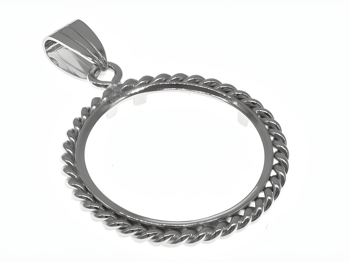 Münzfassung Anhänger aus rhodiniertem 925 Sterling Silber mit Kordel-Design für Münzen bis 23 mm Durchmesser, geeignet für bis zu 2,5 cm große Münzen, hergestellt von Juwelier Harnisch.