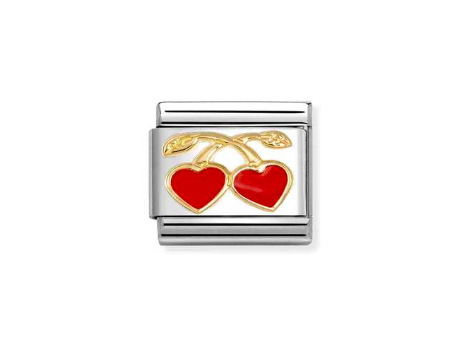 Edelstahl Charm von Nomination mit zwei roten Herzen und goldenen Kirschzweigen, Modell Classic LOVE. Ideal für schöne und romantische Armbänder. Neuheit im Onlineshop.