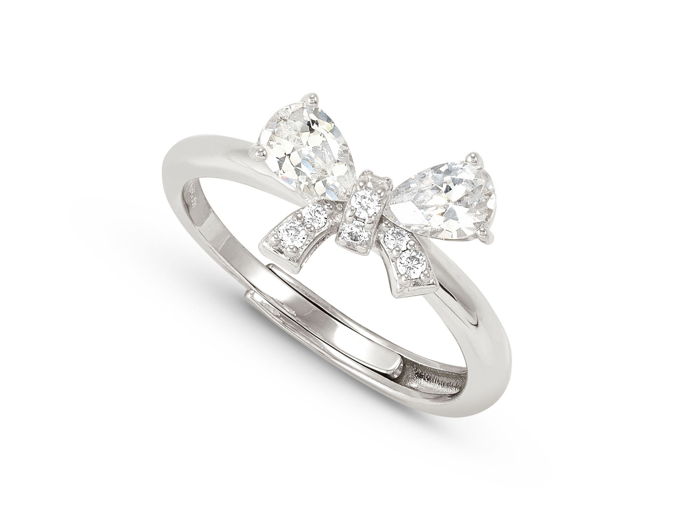 Sterling Silber Ring von Nomination mit Zirkonia und Schleifen-Design, weiß und verstellbar in den Größen 51 bis 59. Ideal für elegante Anlässe und Geschenke.