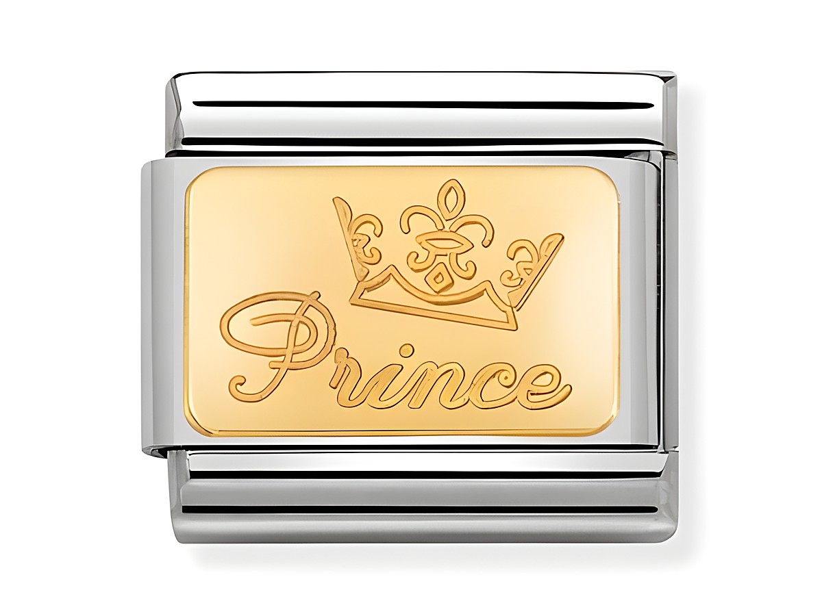 Silberner Schmuckanhänger von Nomination mit goldfarbenem Schriftzug "Prince" und einer Krone, Hersteller: Nomination, Artikelnummer: 030121 46, Composable Classic Kollektion.