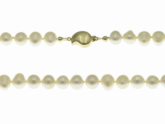 Perlenkette 43 cm in Weiß aus Süßwasserzuchtperlen mit klassischem Design und einem goldenen Verschluss, hergestellt von Juwelier Harnisch.