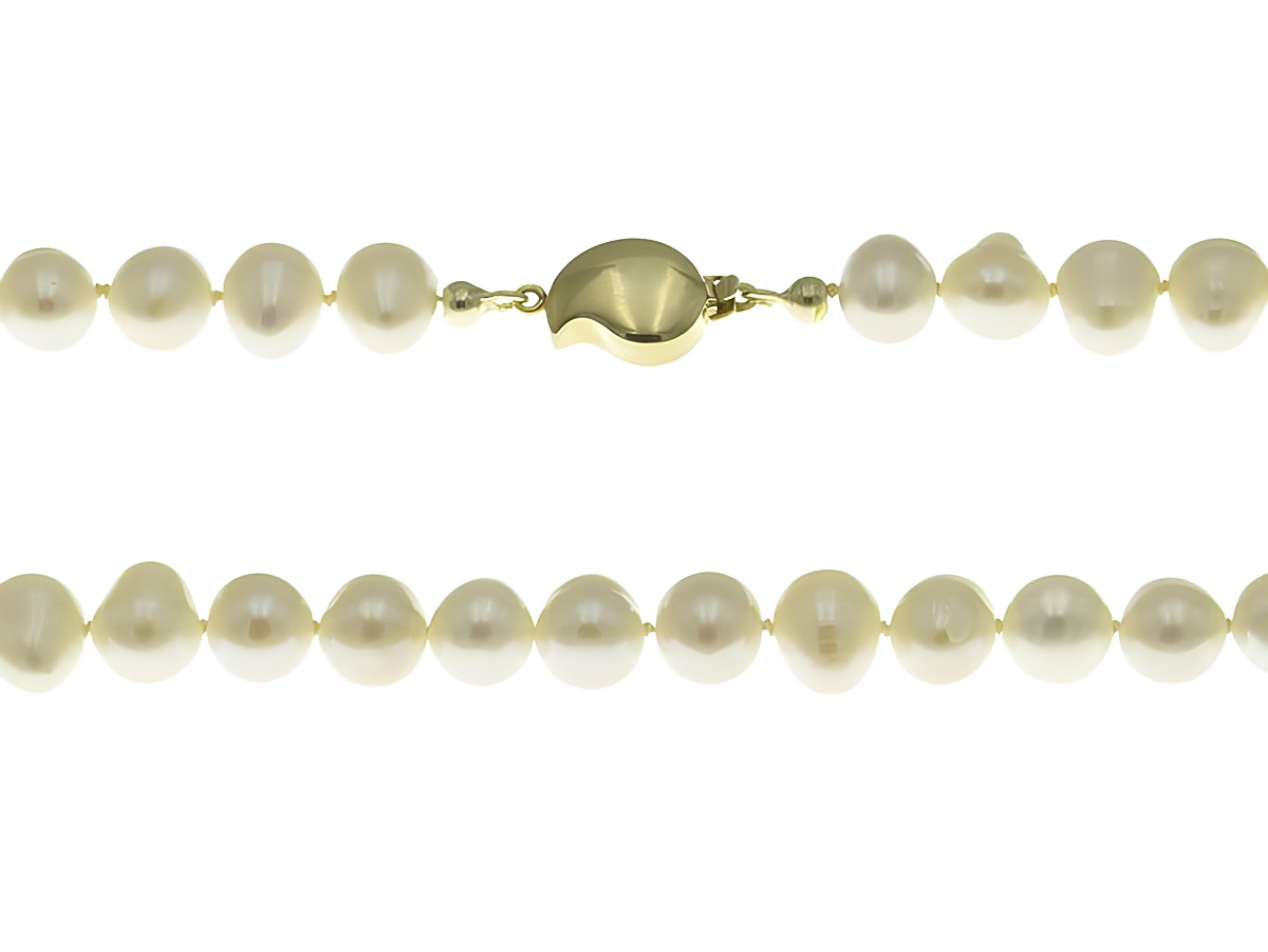 Perlenkette 43 cm in Weiß aus Süßwasserzuchtperlen mit klassischem Design und einem goldenen Verschluss, hergestellt von Juwelier Harnisch.