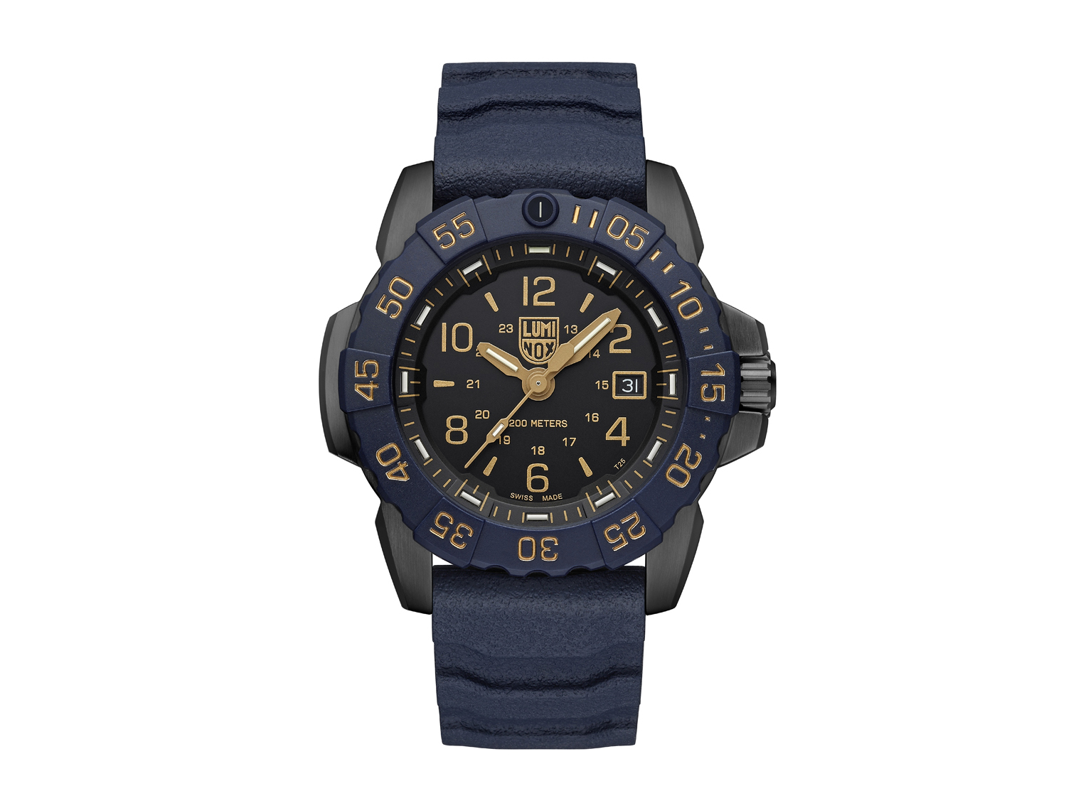 Luminox Uhr XS.3255.CB.NSF aus der SEA Serie in Blau mit 45 mm Gehäuse, schwarzem Zifferblatt und goldenen Akzenten, ausgestattet mit einem blauen Armband für hohe Wasserdichtigkeit.