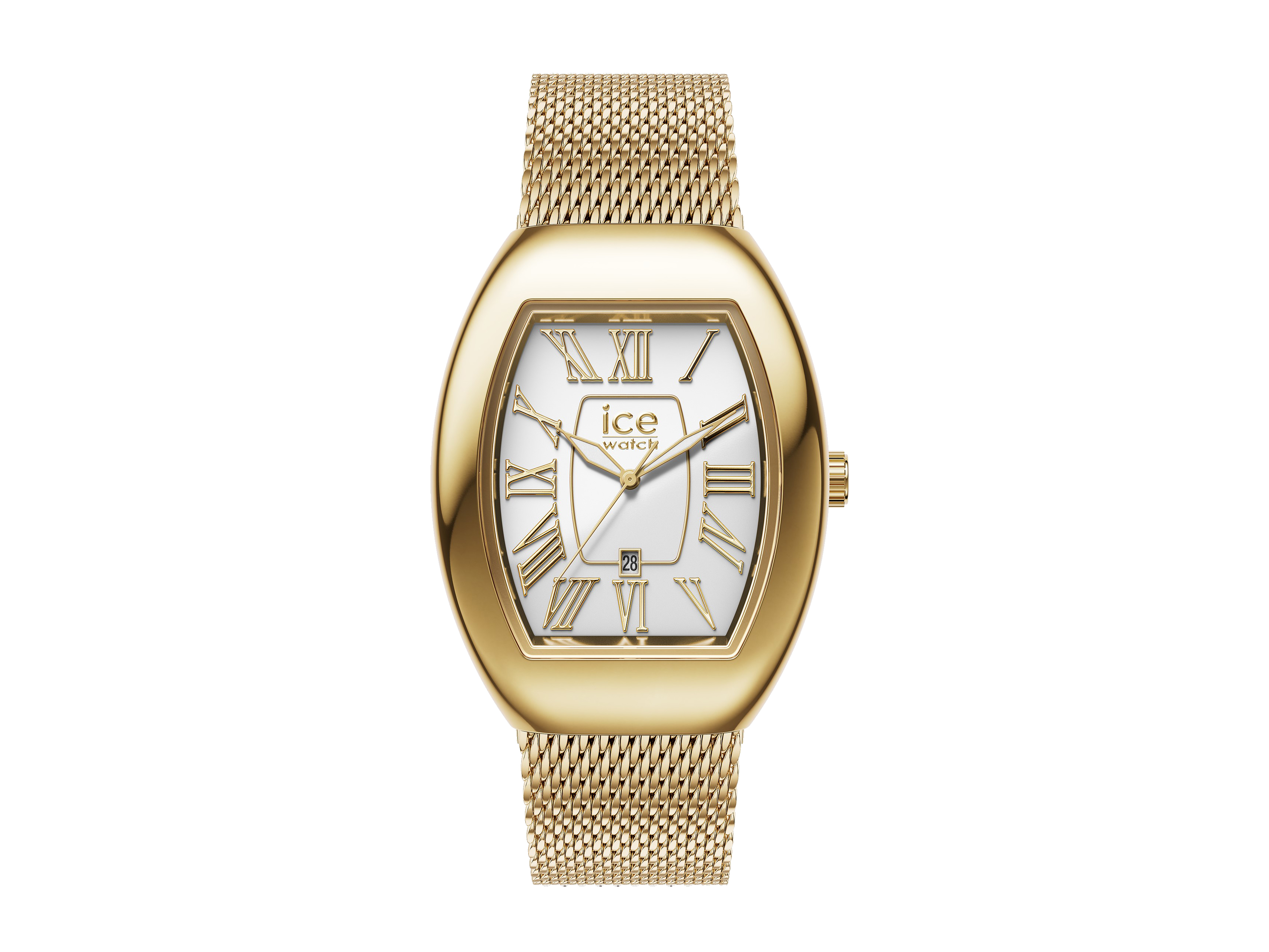 Elegante Ice Watch 024487 ICE boliday Uhr in Gold mit weißem Zifferblatt und römischen Ziffern, ausgestattet mit einem feinen Mesh-Armband, ideal für stilbewusste Träger.