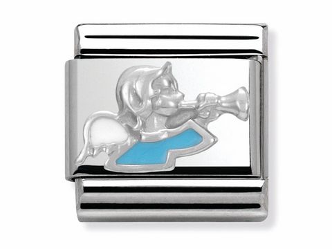 Schmuckelement von Nomination SilverShine Classic, zeigt einen hellblauen Emaille Schutzengel mit Trompete, aus hochwertigem Edelstahl gefertigt, Hersteller-Nr. 330204 12.