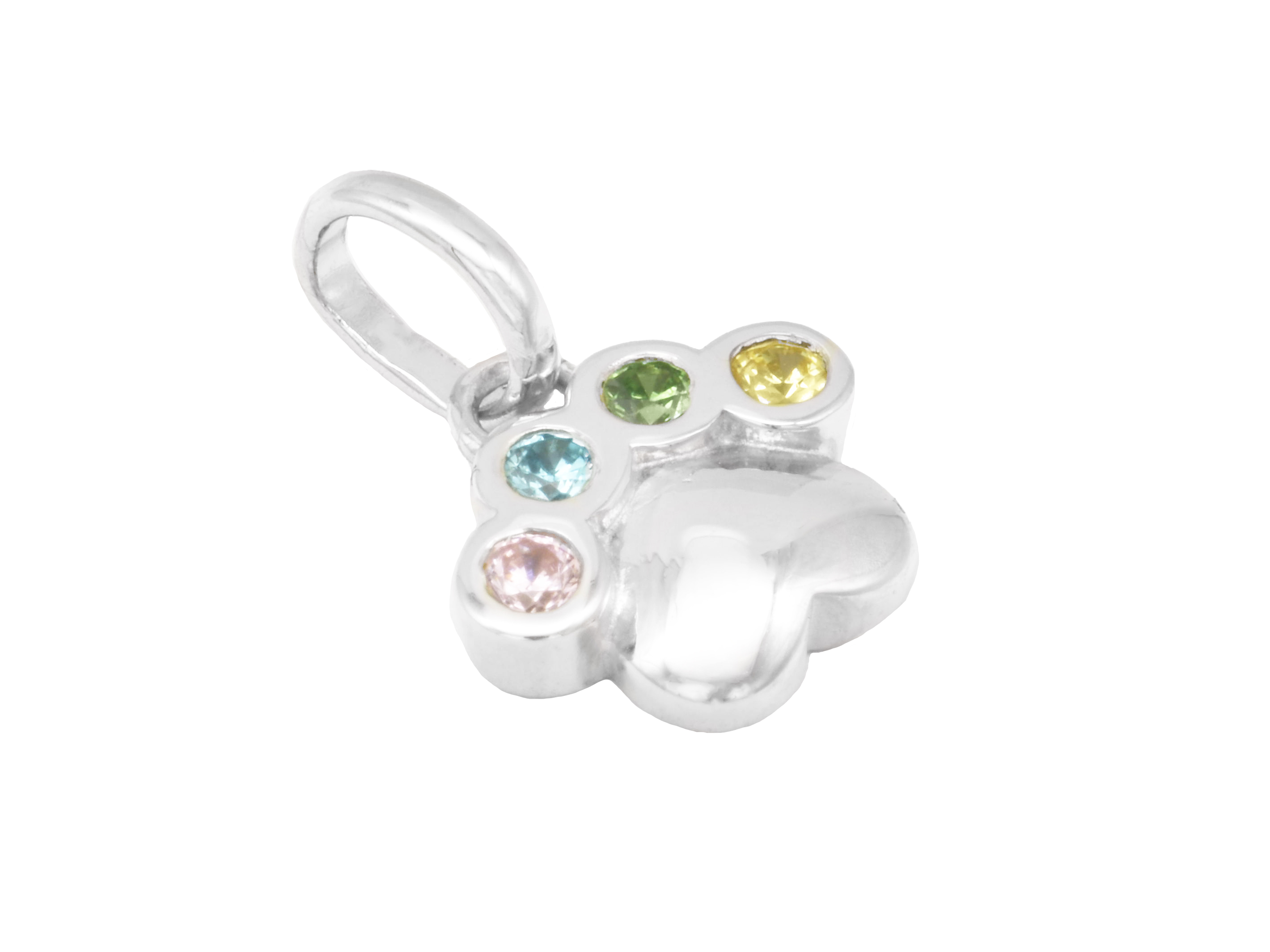 Pfotenanhänger aus Sterling Silber, rhodiniert und poliert, mit bunten Zirkonia besetzt, ideal für Tierliebhaber, Hersteller Juwelier Harnisch.