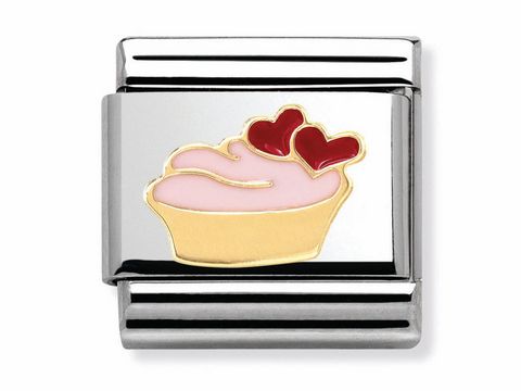 Emaille und Gold Charm mit einem Muffin, verziert mit rosa Zuckerguss und zwei roten Herzen, aus der Kollektion CLASSIC MADAME ET MONSIEUR von Nomination.