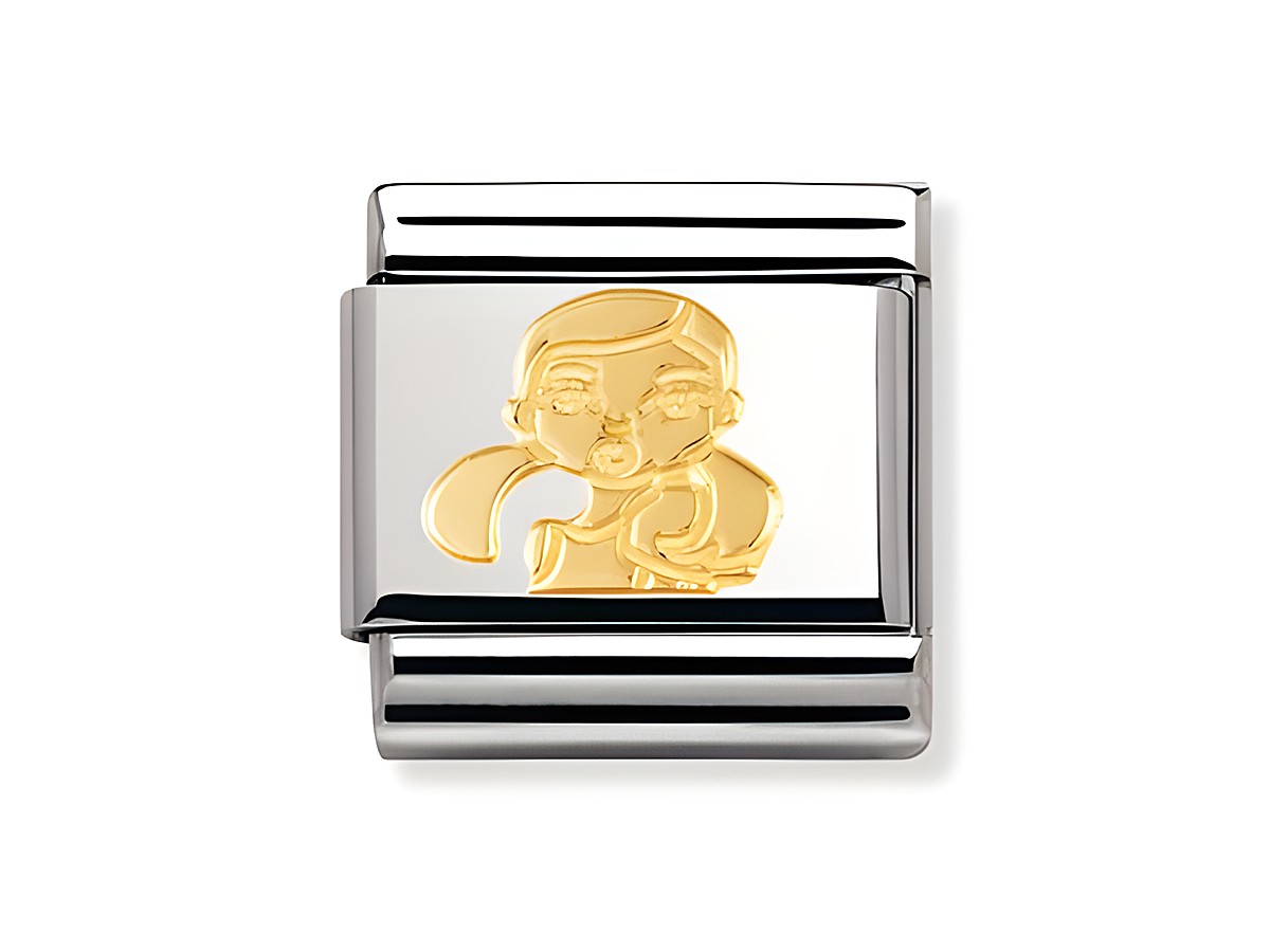 Die NOMINATION Classic Alice im Wunderland 030149 19 ist ein Charm mit einer goldenen Darstellung von Alice, auf einem silbernen Hintergrund, ideal für Armbänder.