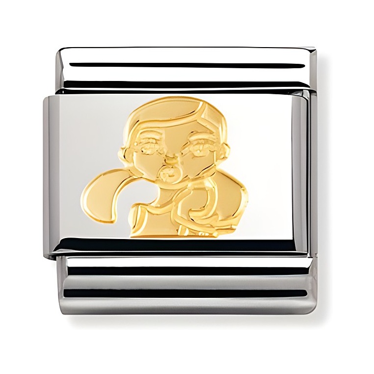 Die NOMINATION Classic Alice im Wunderland 030149 19 ist ein Charm mit einer goldenen Darstellung von Alice, auf einem silbernen Hintergrund, ideal für Armbänder.
