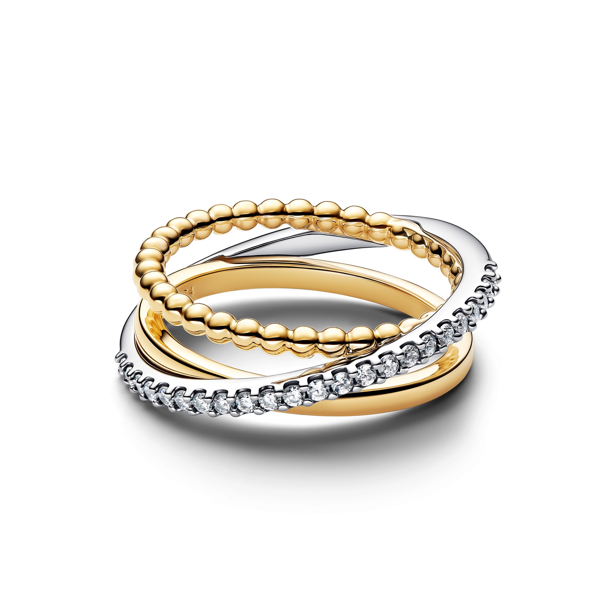 Pandora Gekreuzter Dreifacher-Bandring mit Kugeln und Pavé - Sterling Silber & Gelbgold Vergoldung - Zirkonia – Ansicht 2