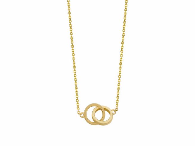Xenox Sterling Silber Kette XS3620G mit einer Länge von 40-45 cm in Gelbgold Vergoldung, enthält eine filigrane Karreekette mit zwei ineinandergreifenden Ringen als Anhänger.