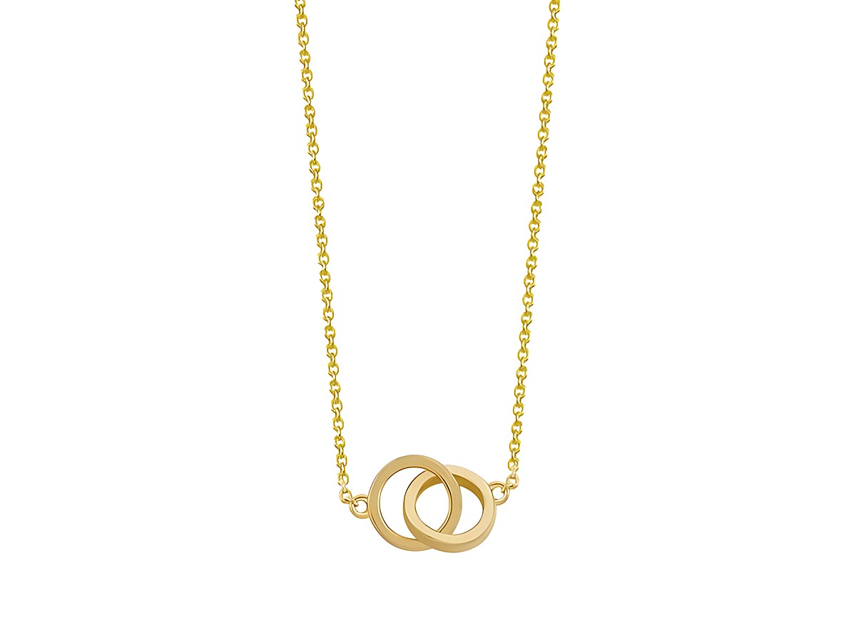 Xenox Sterling Silber Kette XS3620G mit einer Länge von 40-45 cm in Gelbgold Vergoldung, enthält eine filigrane Karreekette mit zwei ineinandergreifenden Ringen als Anhänger.